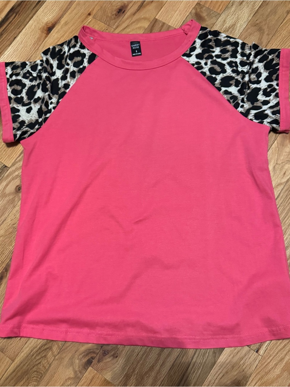 Women’s Bright Pink Raglan Tee with Leopard-Print Sleeves